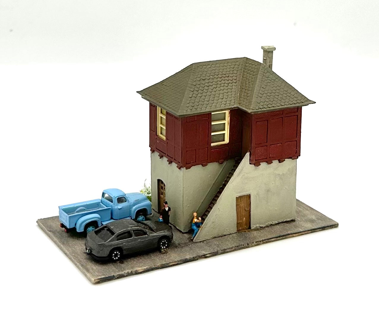 N Scale Custom Weathered  Trackside 2-Story Building/ Signal Box Lighted Diorama