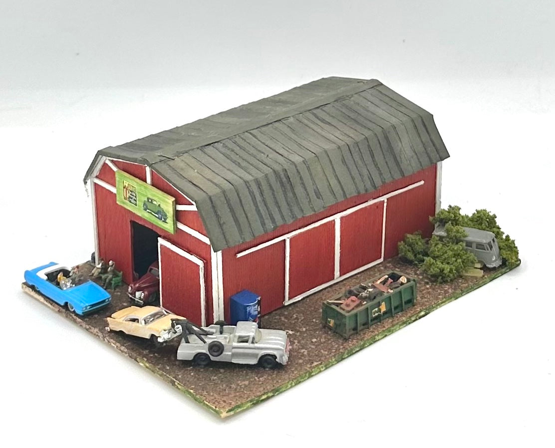 N Scale Weathered Custom Built & Painted  Old Barn Vehicle Repair Shop Diorama