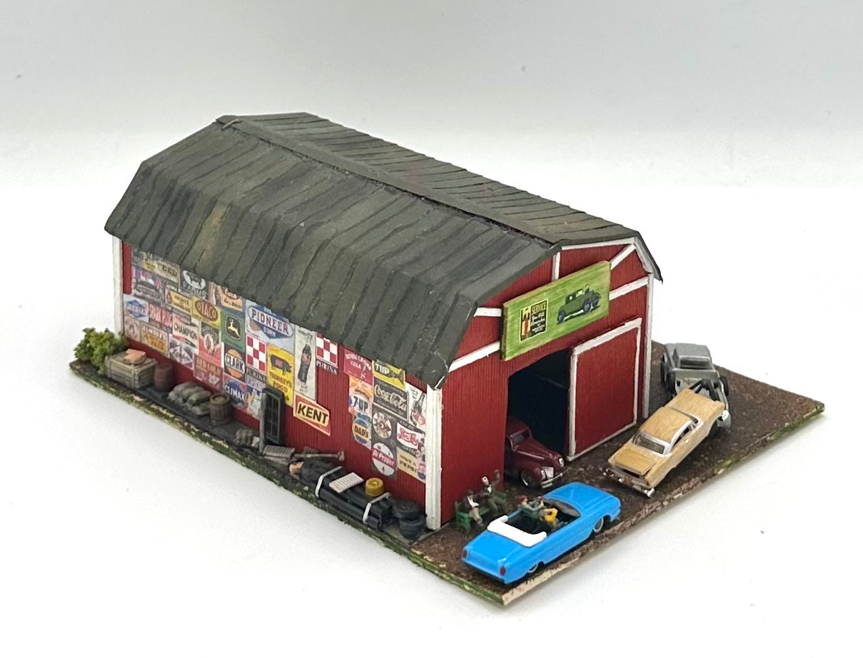 N Scale Weathered Custom Built & Painted  Old Barn Vehicle Repair Shop Diorama