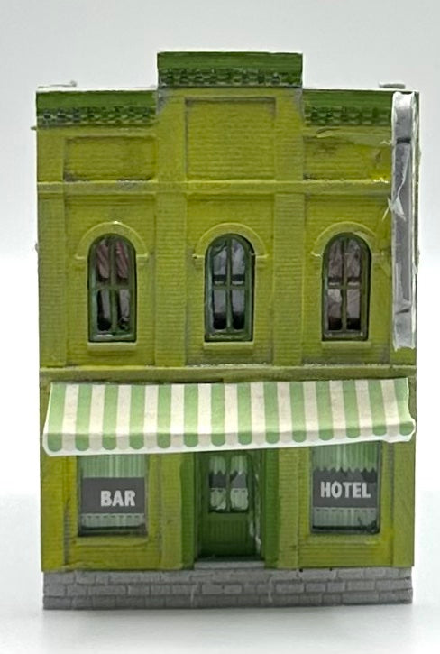 N Scale 2-Story Bar/Hotel Custom Weathered Paint , Awning , Roof garden.