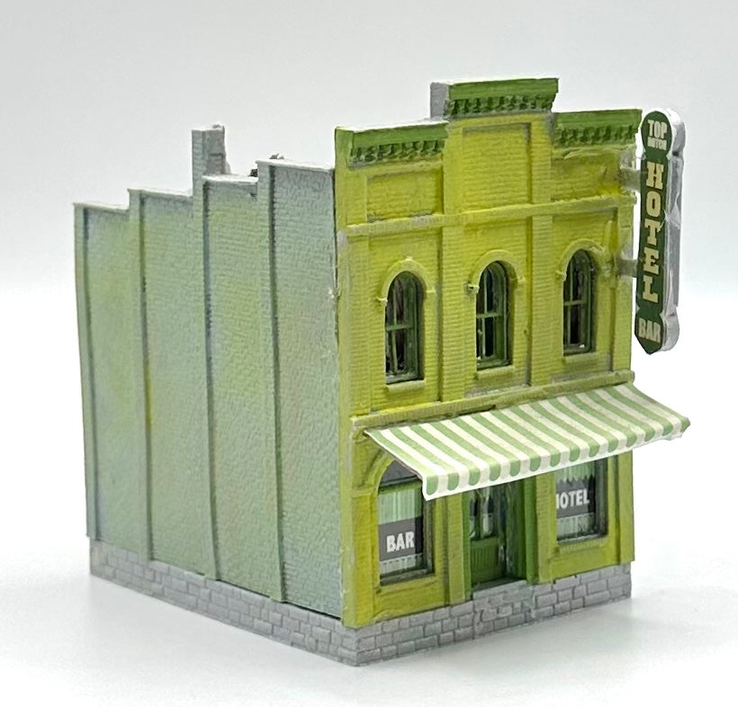 N Scale 2-Story Bar/Hotel Custom Weathered Paint , Awning , Roof garden.