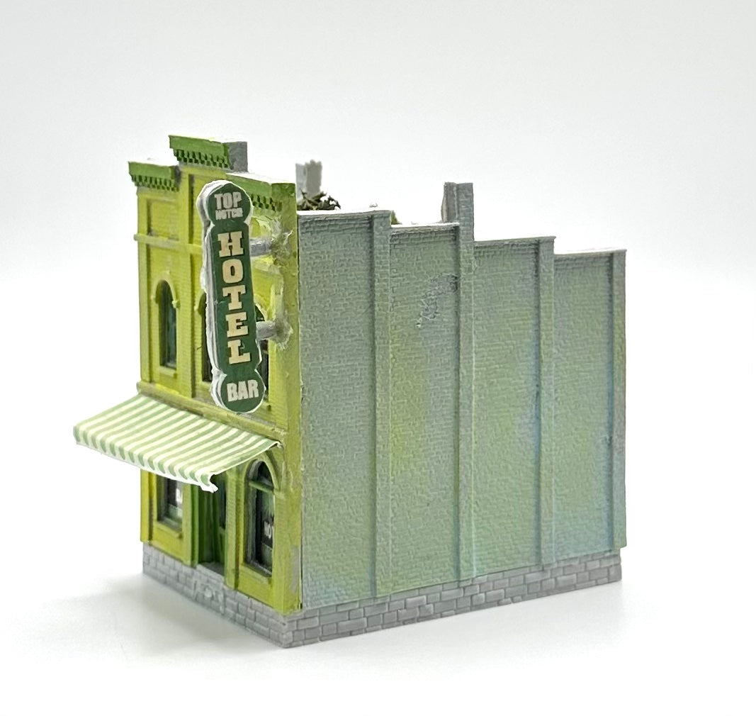 N Scale 2-Story Bar/Hotel Custom Weathered Paint , Awning , Roof garden.