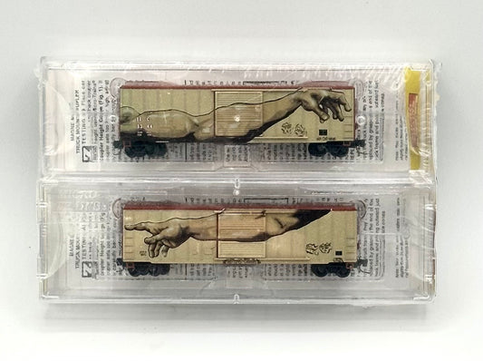 Micro Trains MTL Z Scale "The Creation Of Adam" Graffiti 50' Ribbed Box Car 2 Car Pack Factory Sealed