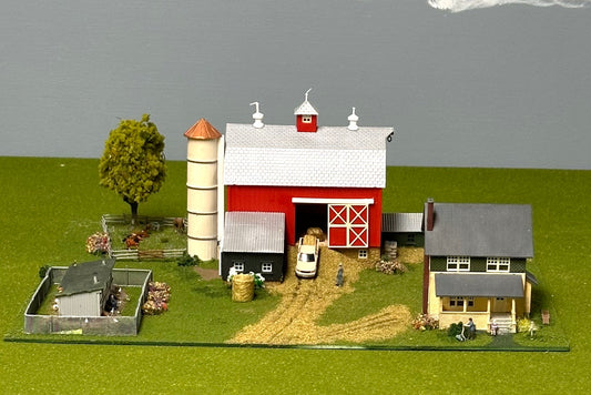 Model Power N Scale 1517 Custom Barn, Lighted Farm House, Chicken Coop, Fenced Fields, Farm Yard, Animals, Vehicles
