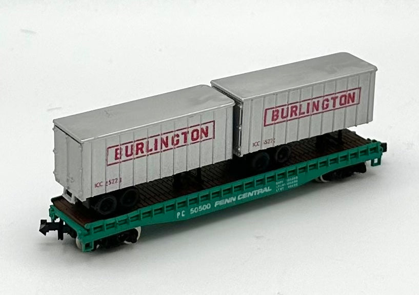 MiniTrix 3148  N Scale  Penn Central Piggy Back Flatcar + 2 Trailer Loads