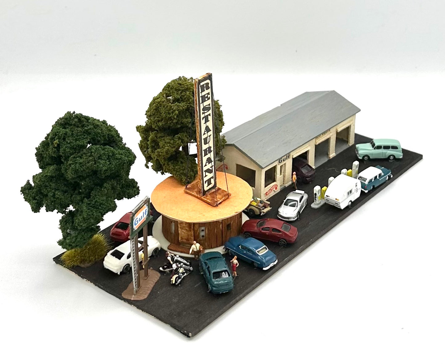 N Scale Weathered Custom Built & Painted  Roadside Cafe/Gulf Gas Station Diorama