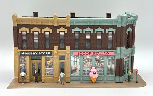 DPM 12100 HO Scale Fully Assembled Seymour Block " Hobby Store/Scoop Station" Lighted