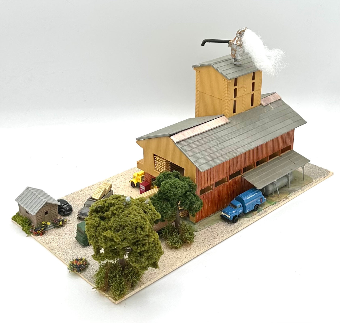 N Scale 3-Story Custom, Weathered Lumber Mill Building and Yard Diorama