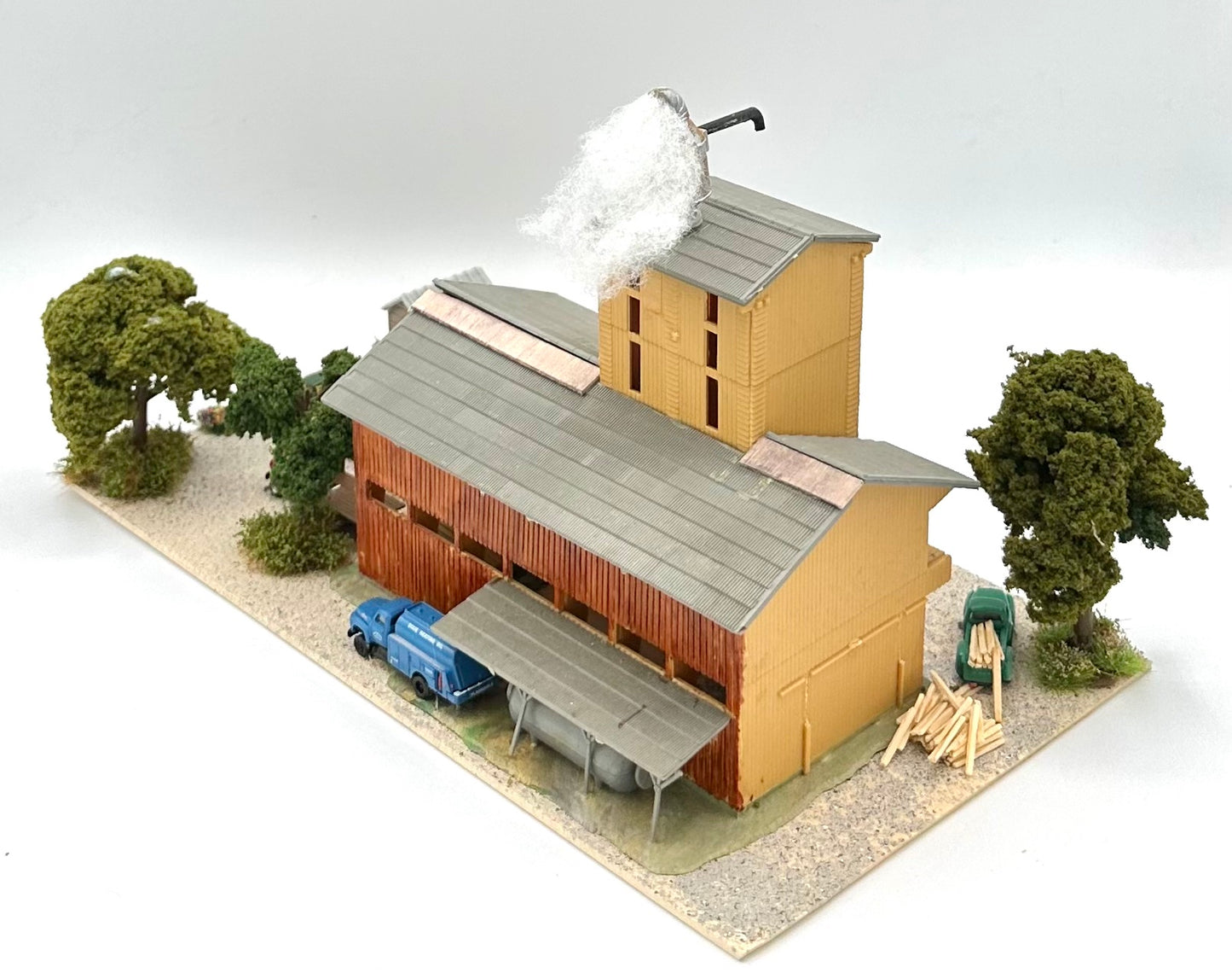 N Scale 3-Story Custom, Weathered Lumber Mill Building and Yard Diorama