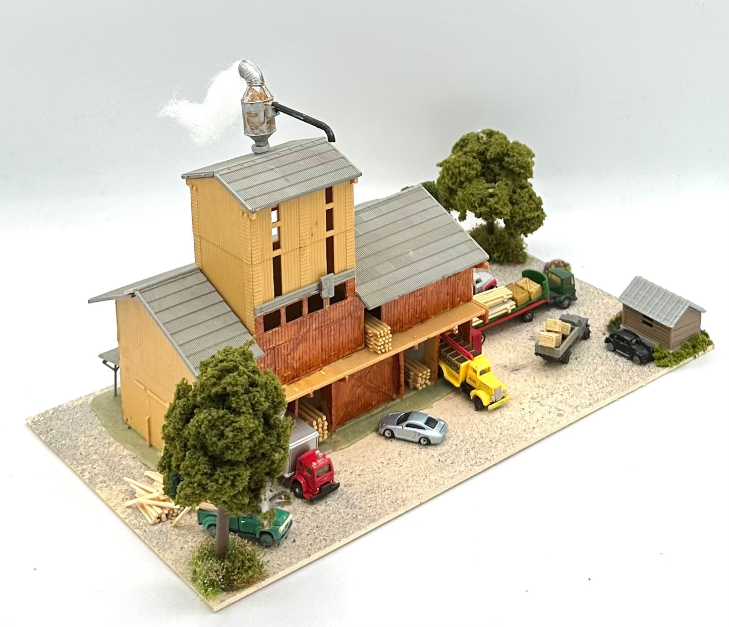 N Scale 3-Story Custom, Weathered Lumber Mill Building and Yard Diorama