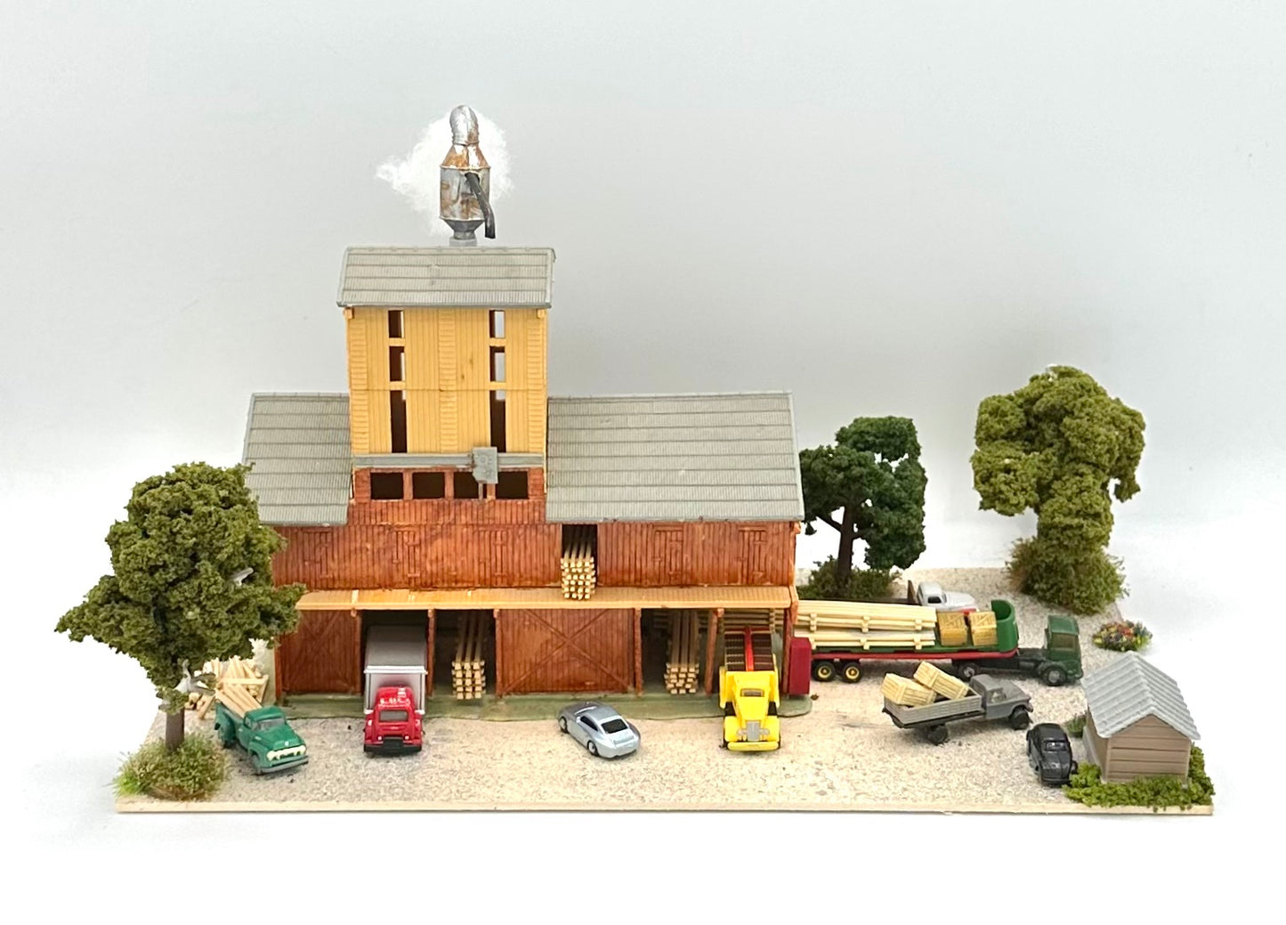 N Scale 3-Story Custom, Weathered Lumber Mill Building and Yard Diorama