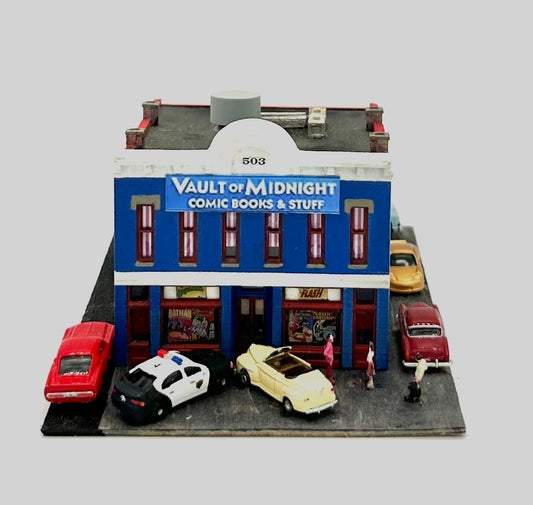 Woodland Scenics DPM, N Scale Custom Weathered 2 Story "Vault of Midnight " Comic Store Diorama.