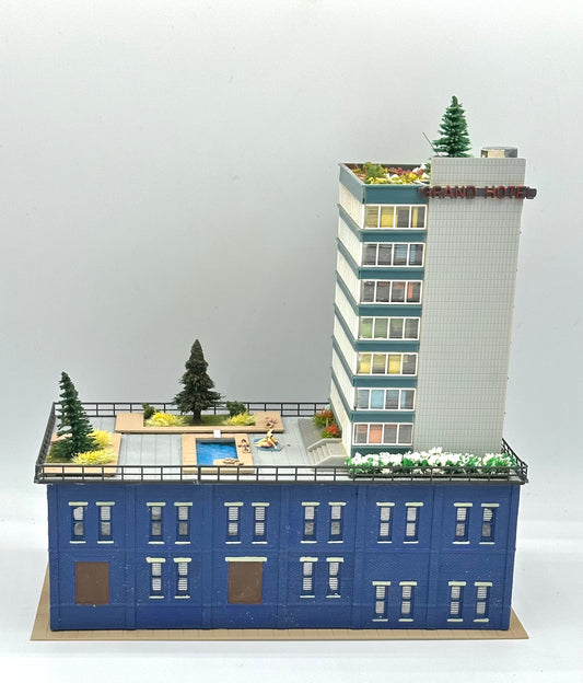 Unique One-Of-Kind N Scale Custom Built/Painted a 9-Story Tower " Grand Hotel" Fully Assembled